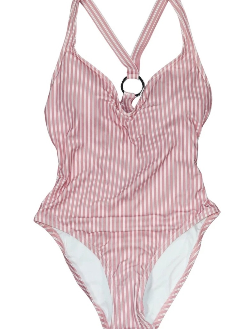 Michael Kors Pink and White Striped One-Piece Swimsuit with Ring Detail